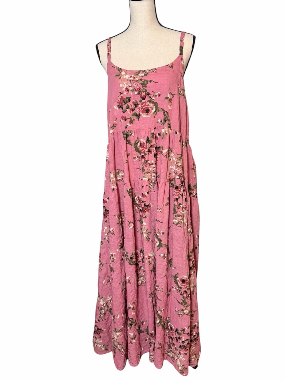 YESNO Woman’s Pink Floral Tiered Maxi Dress - Boho Cotton Cottagecore Size 3XL